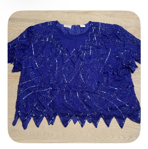 Vintage Carina Blue Silk Sequin Beaded Elegant Evening Wear Glam Top Women’s 5XL