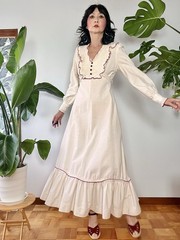 VTG 70s Lace Bib Crochet Trim Cotton Prairie Maxi Dress XS/S Cottagecore
