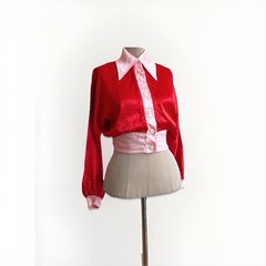 Vintage 70s Crop Top Dagger Collar Button Up Red Polka Dot Nylon Satin sz S