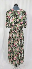 Vintage Lady Carol Black Floral S/S Blouson Dress w Pleated Skirt Size 14