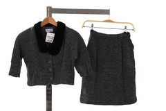 60s Vintage Micro Plaid Knit Skirt Suit Set Womens XS Velvet Collar Cropped Top