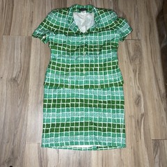 VTG 60s Green White Mid Century Geometric Print Skirt Suit Harve Benard 10/12