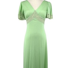 Vintage 70s Green Maxi Dress Lace Empire Waist Small ILGWU JCPenney Prairie Boho