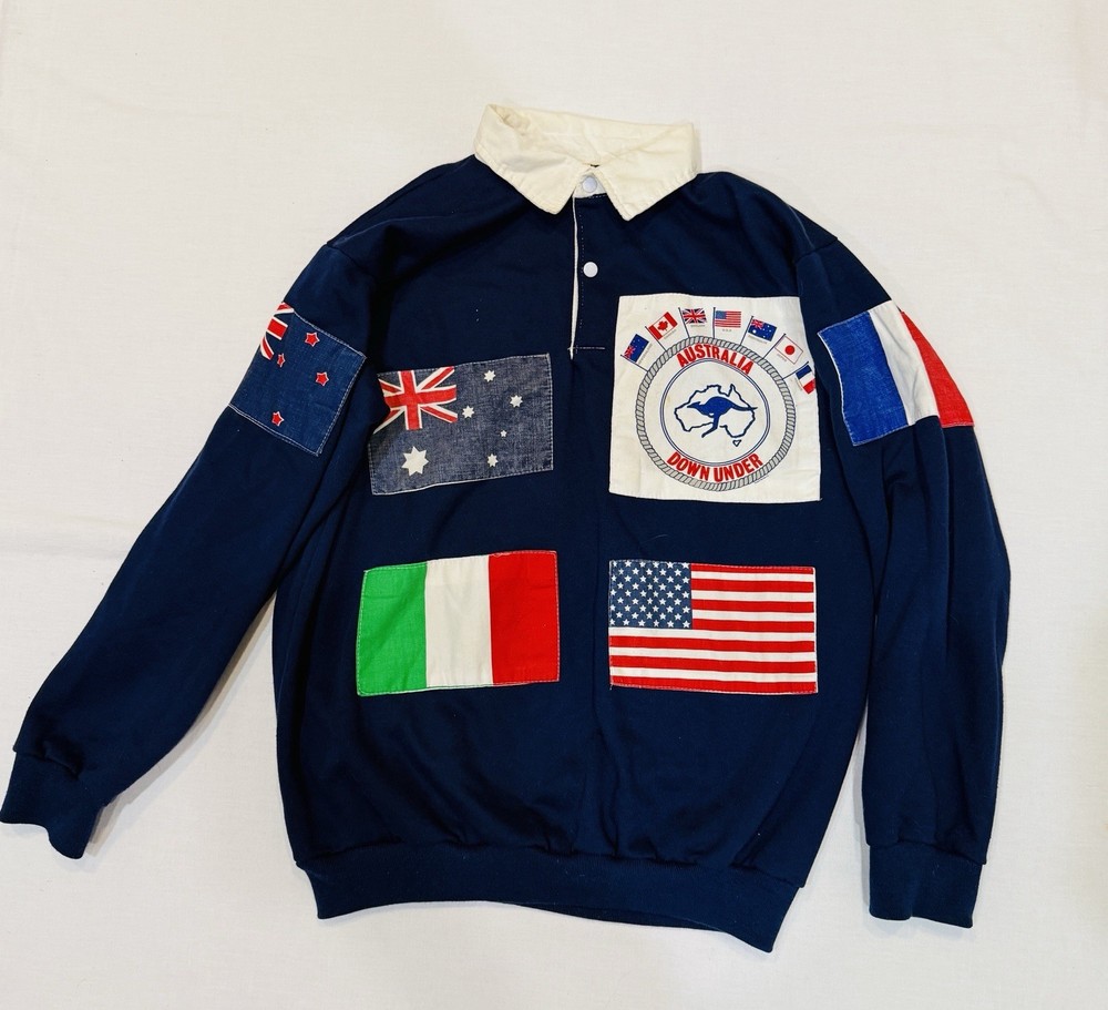 Vintage 80s Down Under Flags Australia Rugby-Style Pullover Sweatshirt Women L