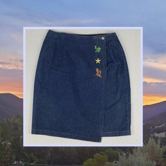 Y2K 90s Vintage 100% Cotton Denim Western Cowboy Boots Cactus Embroidered Skirt