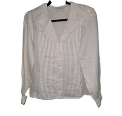 Lord & Taylor Vtg Embroidery Lace Collar Blouse Pintucks 100% Linen