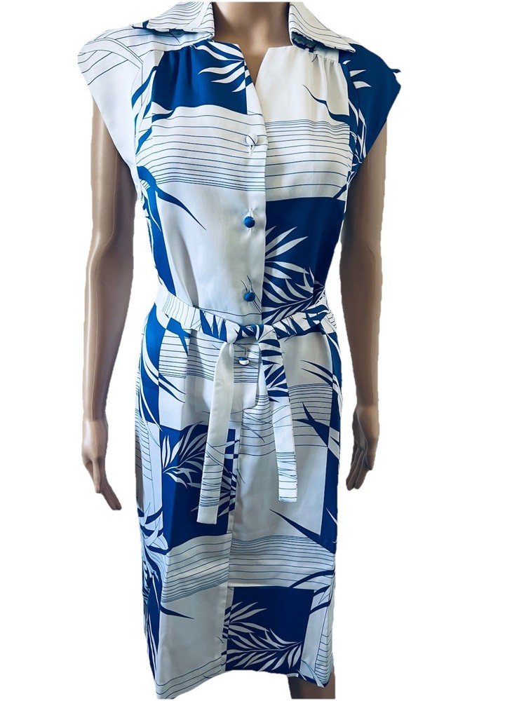 VTG Andrade Hawaiian Blue Floral Leaf Dress Tropical Resort Wear Sz 6 Honolulu