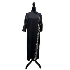 Vintage Alfred Shaheen Black Cheongsam Maxi Dress Sheer Sleeve Embroidery Sz 18
