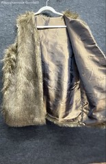 Vintage 70s Women’s Brown Faux Fur Vest Satin Fleur-de-Lis Lining Open Front