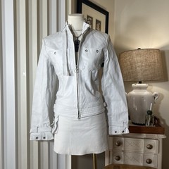 Vintage Bebe White Leather Jacket Biker Grunge Euro Rockstar White Skirt Set