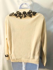 VTG Ivory Lambswool Copper heavily beaded sequin cardigan sweater Hong Kong 42