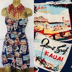 Keds VINTAGE 90s KAUAI PRINCESS Hawaiian POSTCARD Print Resort DRESS M