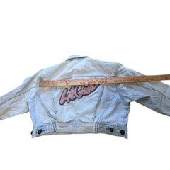 VTG! :LA Gear” Lt Wash Denim Jacket Chenille Patch Cropped Womens SZ S 90s RARE!