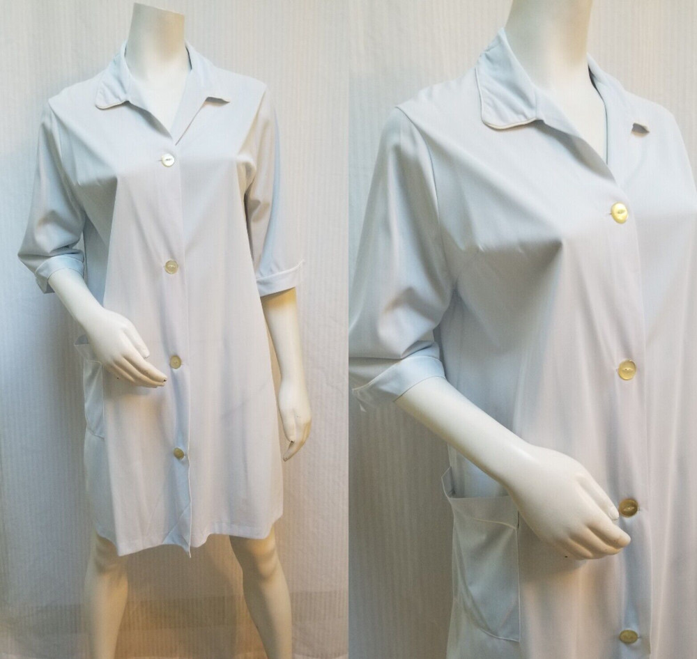 Vintage SEAMPRUFE Pale Blue Button Front Nylon Nightgown Robe- Size M – EUC