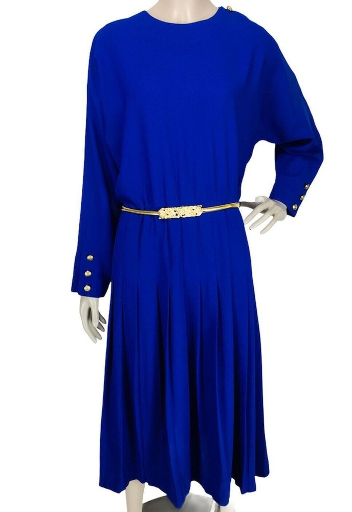 Vintage 80s Liz Claiborne Blue Pleated Gold Buttons Midi Sheath Dress Size 10P