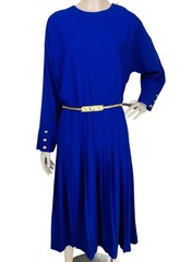 Vintage 80s Liz Claiborne Blue Pleated Gold Buttons Midi Sheath Dress Size 10P