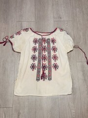 Vintage Hand Embroidered Romanian Folk Blouse Boho Ethnic Peasant Top White L/XL