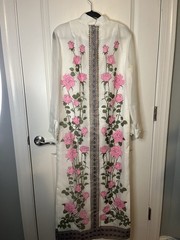 1970s VTG Alfred Shaheen Cheongsam Maxi Dress White Pink Flowers Size 16 W/belt