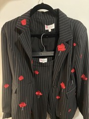 Womens Black Pinstripe Pantsuit with Red Embroidered Roses 2-Piece Blazer & Pant