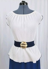 Vintage White & Navy Blue Dress w Ruffled Waist/Peplum & Belt Size XS/S?