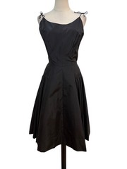 Vtg 50s Black Taffeta Fit Flare Dress Drop Waist Red Crinoline 26.5”w Pin Up