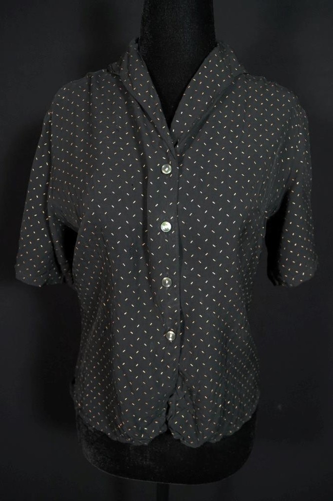 Vintage 1940’s French Black and Gold Painted Tiny Lines Rayon Blouse Size 8 Med