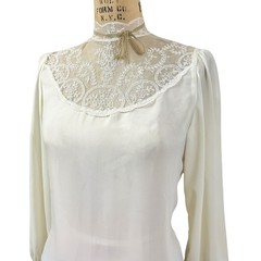 Vintage Victorian Lace Yoke Blouse High Neck Balloon Sleeve Romantic Cream Small