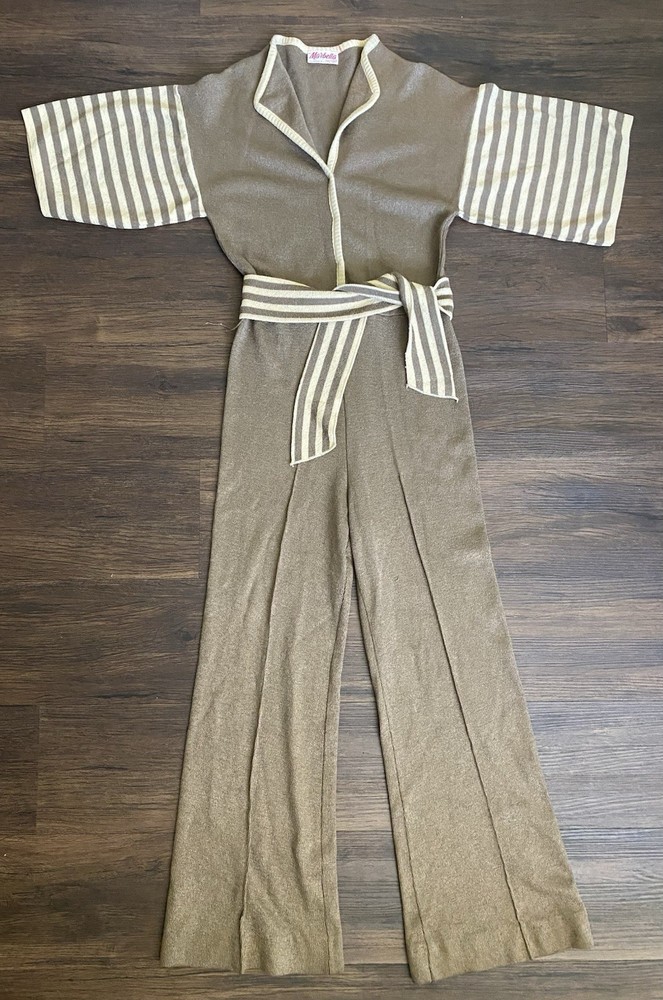 Vintage 1970s Marbella Knit Flared Pant Jumpsuit Romper 1960s Brown Tan Stripes