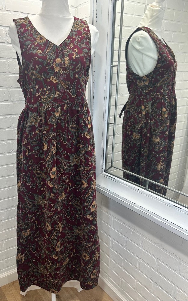 VTG Bobbie Brooks Corduroy Floral Maxi Dress S 100% Cotton Burgundy Cottage Core