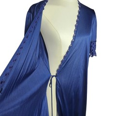 Vintage Flair Robe Women Small Navy Blue Satin Eyelet Lace Trim Maxi Wrap