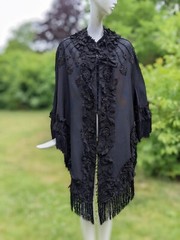 VICTORIAN 1870’S BLACK SILK FAILLE BUSTLE CAPE W BEADS SOUTACHE & LACE