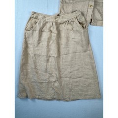 Vintage 70’s Linen Blend Neutral Two Piece Skirt Set Tan Short Sleeve Top Midi