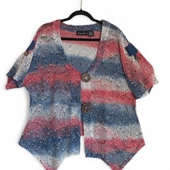 Frazzle Vintage Boho Red White Blue Open Knit Cardigan Sweater Size L