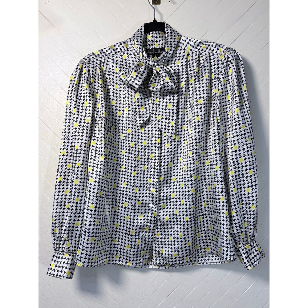 Vintage David Matthew Black and Yellow Houndstooth Tie Neck Blouse Women’s 10