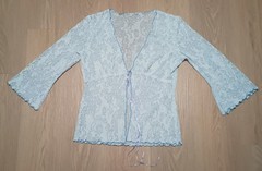 Vtg 70s Sheer Powder Blue Burnout Silver Metallic Open Jacket Cardigan Top M