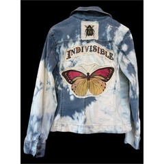 Upcycled Denim Jacket Butterfly Folk Art Jacket Bleached Jean Jacket Large