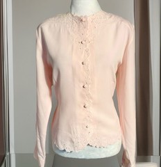 VTG 80s Lacy Pink Blouse Top Delicate Cottage Core Shoulder Pads Secretary M
