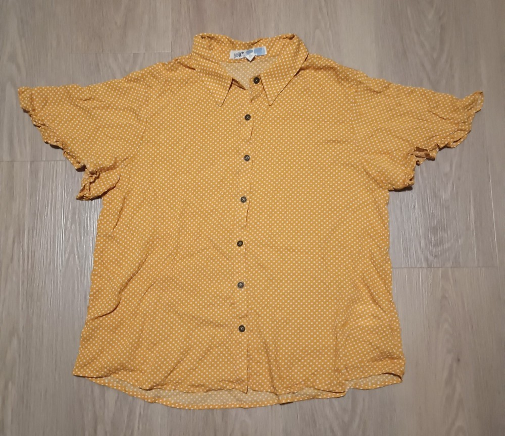 Vtg 90s JOLT Rayon Crepe Gold Yellow Polka Dot Ruffle Cap Sleeves Top grunge L