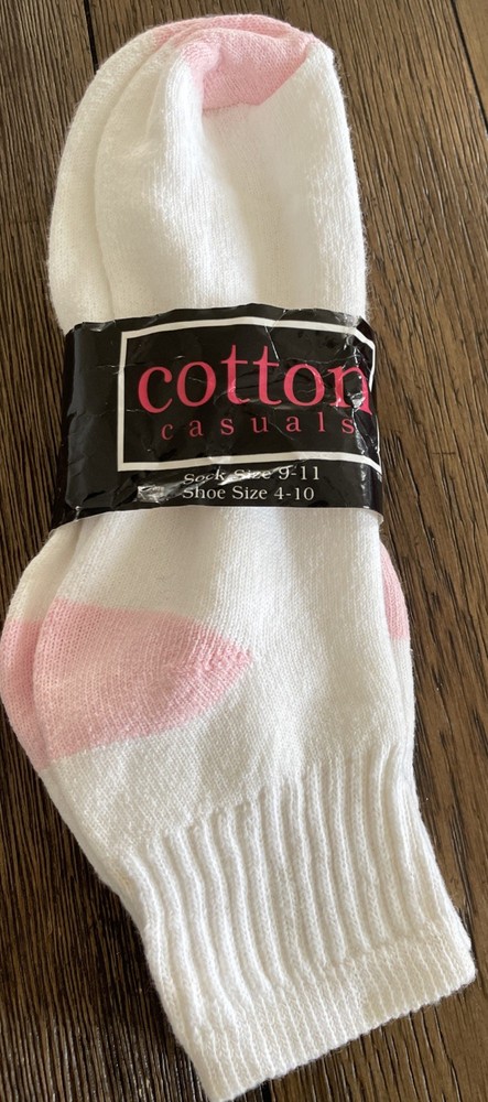 Vintage Cotton Casuals Sports Socks 2 Pair Crew Socks Pink Heel Toe NEW SZ 9-11