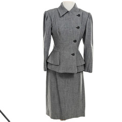 Vintage 1980s Herbert Grossman Skirt Suit Size 10 Black Gray Peplum USA ILGWU