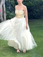 Vintage 50s S Strapless cotillion party Prom dress long Ivory Tulle