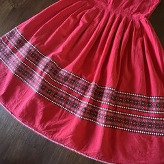 1950s Red Cotton Embroidered Folk border Dress Full Skirt Sleeveless pleated
