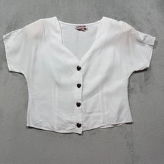 Vintage 90s White Rayon Blend Heart Button Crop Top Blouse Large Boxy Light Boho