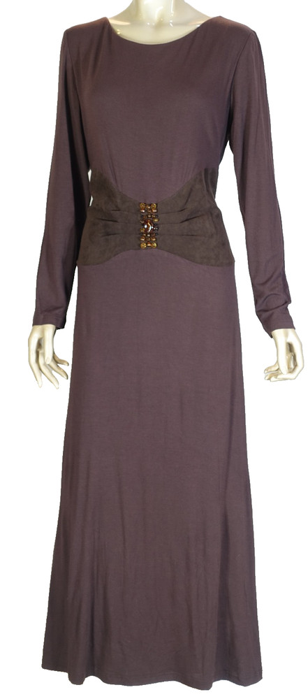 VINTAGE JESSICA HOWARD~MINT!!~BROWN SLINKY KNIT FAUX SUEDE WAIST LONG DRESS 14