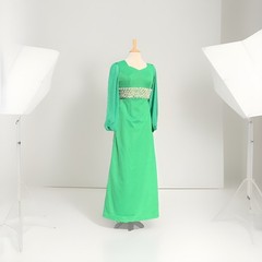 Vtg Kelly Green Dress w/ Sheer Sleeves and Iridescent Bead Empire Waist Sz 28