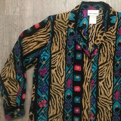 VTG 90s Erin London Funky Black Tan Blue Purple Shoulder Pads L/S Blouse Size PS