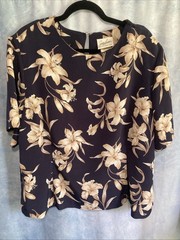 Vtg 90s Jaclyn Smith Floral Skirt Blouse Set Plus 24W 26W Navy Lily Flowy Summer
