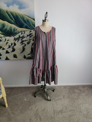 VINTAGE Midi Dress Medium 1980S 1990S HOMEMADE Striped Ruffle Manes Fabric Co
