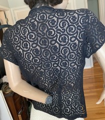 Vintage 50s black cotton lace button up blouse rhinestone buttons 36” bust