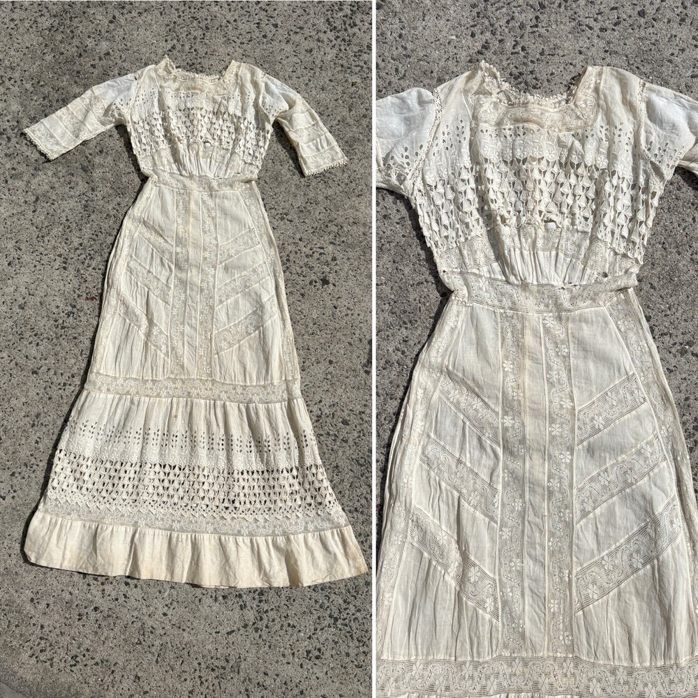 VTG Wounded 1900s Ivory Embroidered Cotton Lace Edwardian Tea Dress Size Small